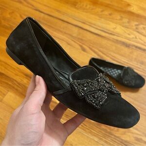🎀Tory Burch Black Soft Suede Beaded Bow Flats